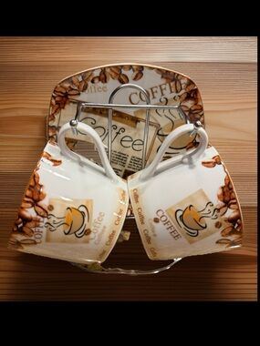 European Coffee Cup and Saucer Set with Holder - Coffee and Newspaper Design